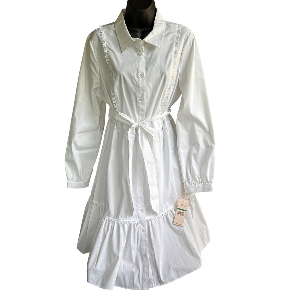 Nanette Lepore White Tiered Shirt Dress Pom Pom Trim NM4S14F03 Women Large NWT